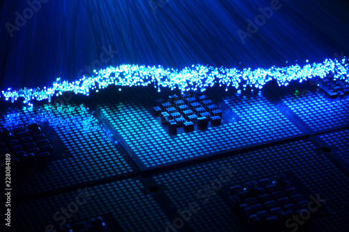 Obraz na płótnie colored fiber optics over CPU Chip Processors