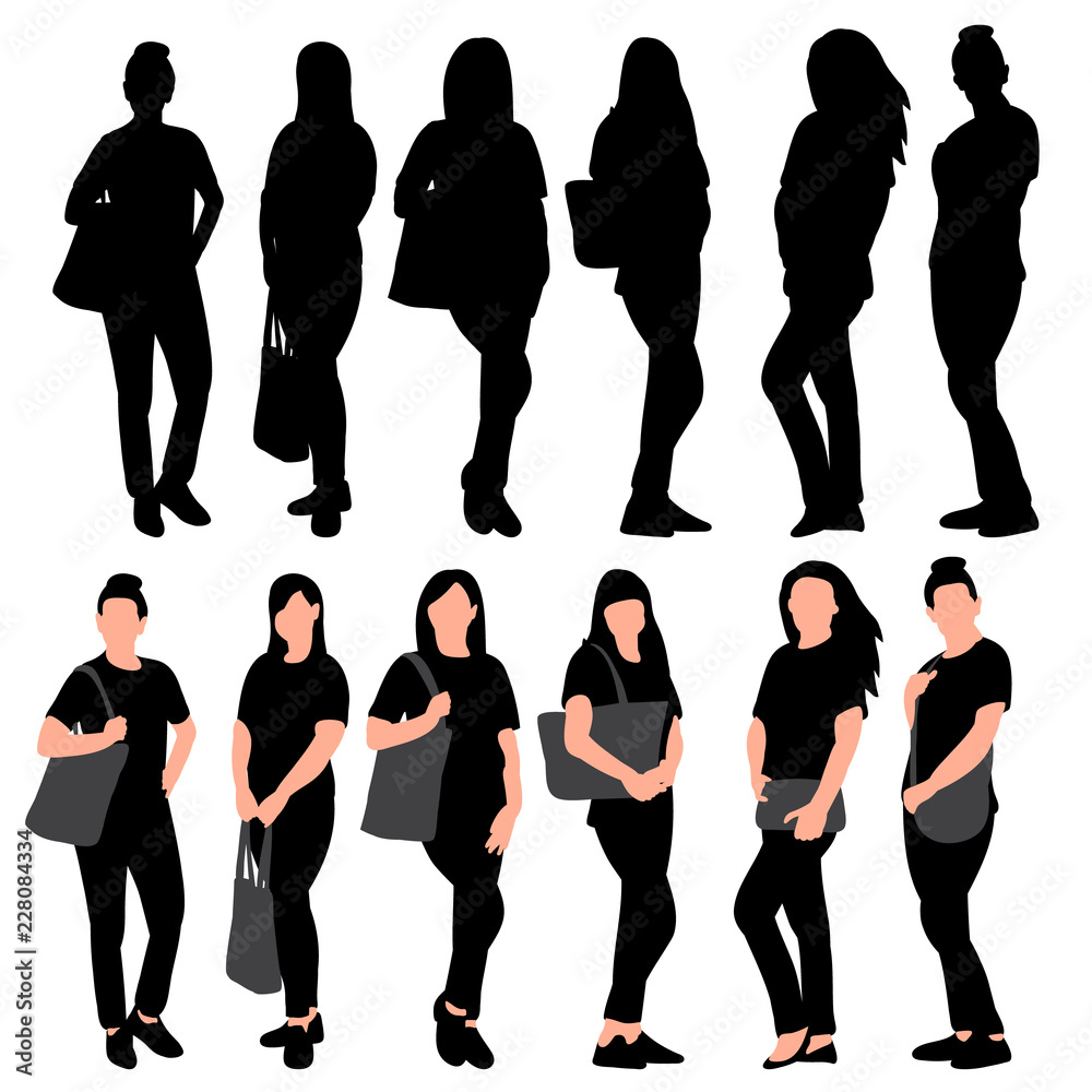 silhouette of a girl stand, set, vector