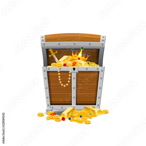 Wooden old pirate chests, full of treasures, gold coins, treasures, vector, cartoon style, illustration, isolated. For games, advertising applications