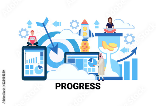 business people successful teamwork strategy progress concept innovation project financial startup launching flat horizontal vector illustration