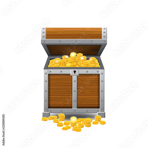 Wooden old pirate chests, full of treasures, gold coins, treasures, vector, cartoon style, illustration, isolated. For games, advertising applications