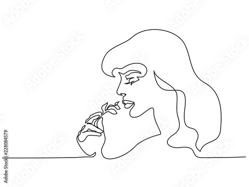 Continuous one line drawing. Abstract portrait closeup of pretty young woman smelling plant. Vector illustration
