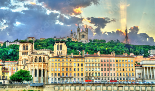 View of the Lyon Cathedral and the Basilica of Notre-Dame de Fourviere. Lyon, France