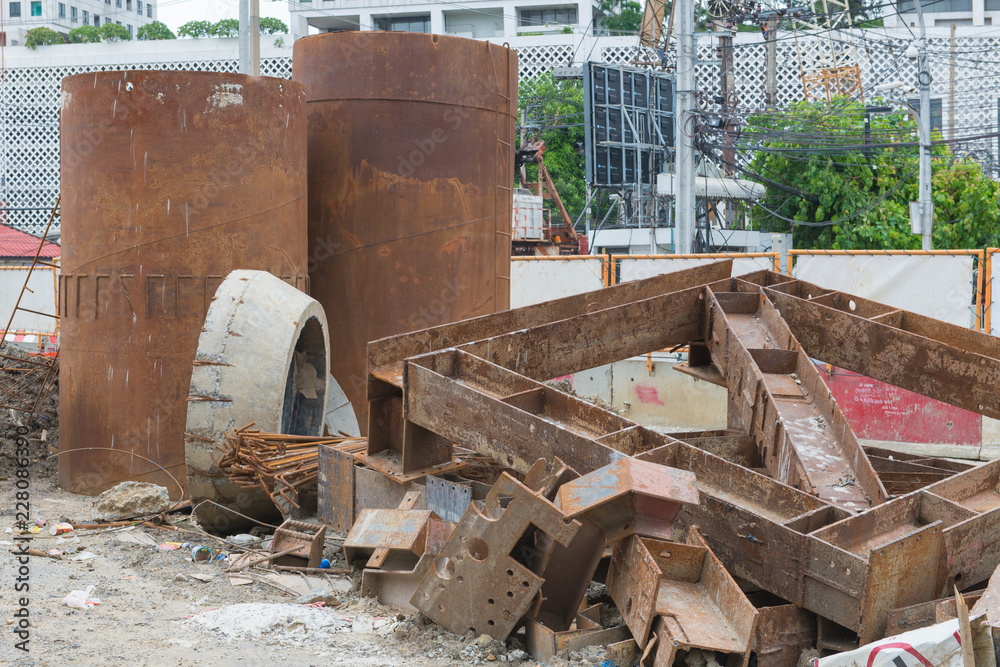 Building construction metal beams mount element on Road construction in city