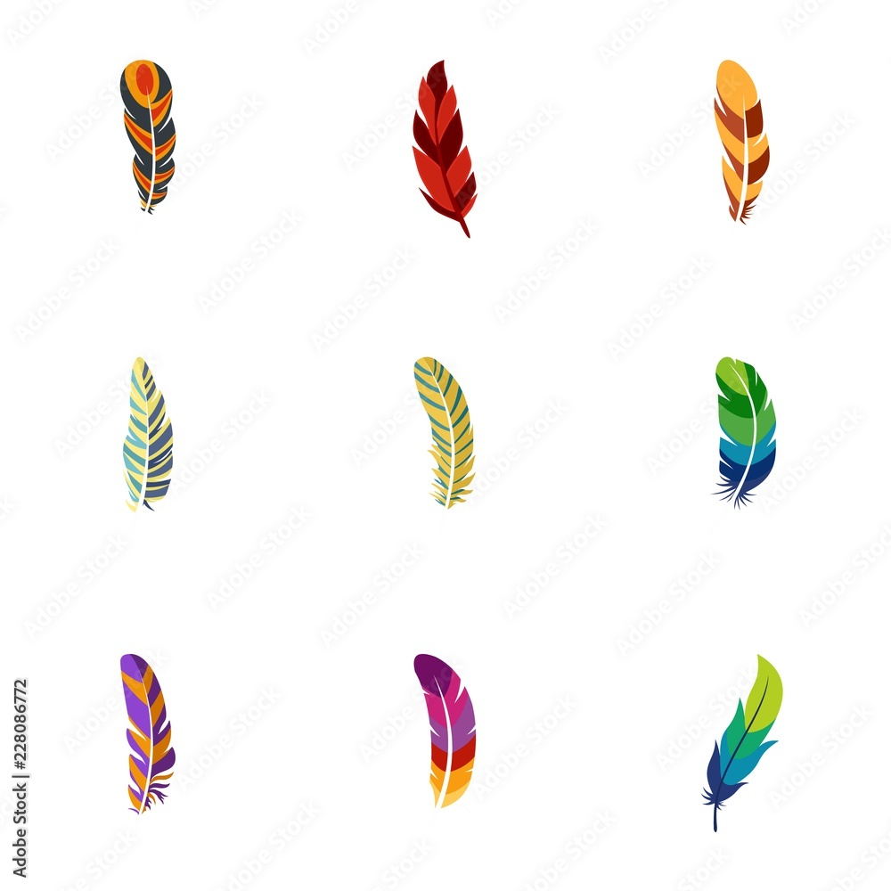 Tribal feather icon set. Flat set of 9 tribal feather vector icons for web design