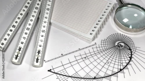 Wallpaper Mural workplace of the architect: architectural drawings - drawing of the golden section, folding ruler, notebook and loupe - magnifying glass Torontodigital.ca