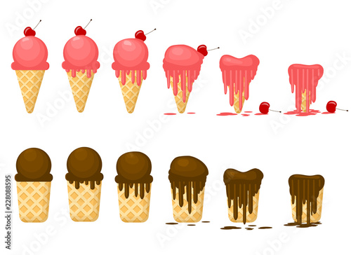 Cartoon Color Ice Cream Melting Icon Set. Vector