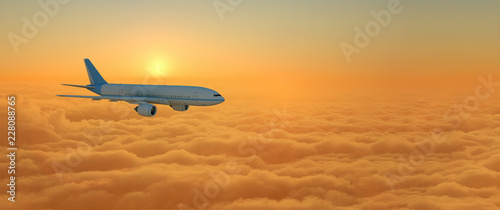 Airplane flying above clouds during sunset - 3d Rendering