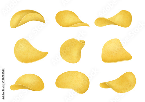 Realistic Detailed 3d Potato Chips Set Different View. Vector