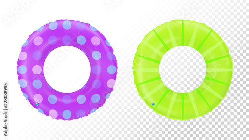 Swim rings set. Inflatable rubber toy. Lifebyou colorful vector collection. Realistic summertime illustration. Summer vacation or trip safety item. Top view swiming circle for ocean, sea, pool.
