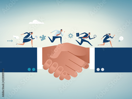 Agreement. Business people running over connected hands. Concept business vector illustration