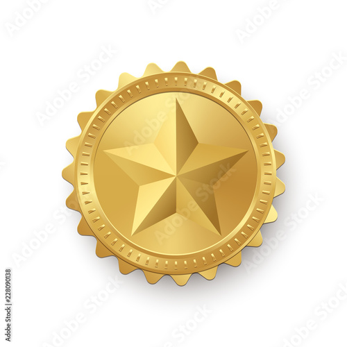 Gold medallion with star isolated on white background. Vector design element.