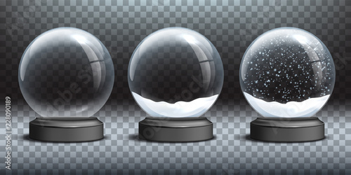 Snow globe templates. Empty glass snow globe and snow globes with snow on transparent background. Vector Christmas and New Year design elements.