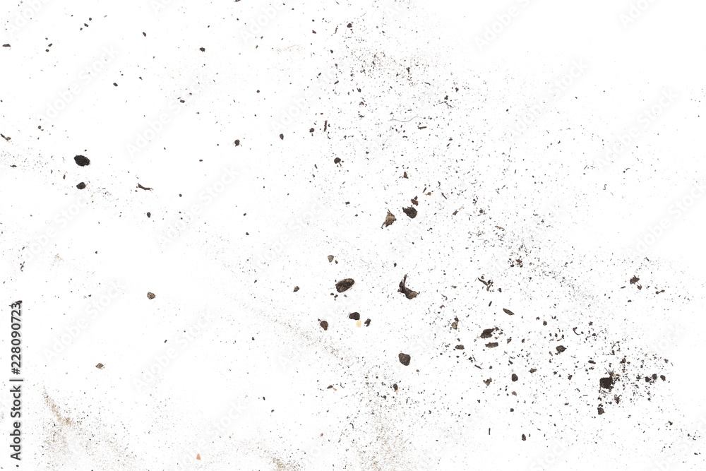 Soil, dirt dust pile isolated on white background, top view