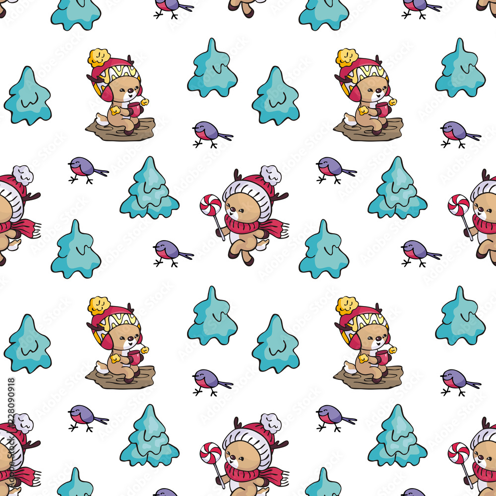 Seamless pattern with cute little fawn in doodle style. Christmas vector background.