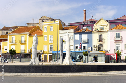 Sardines' roundabout with colorful houses behind in Setubal, Portugal photo