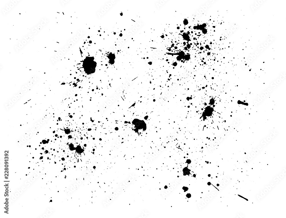 Paint splash background. Black watercolor spray. Abstract grunge ink texture isolated on white. Vector illustration
