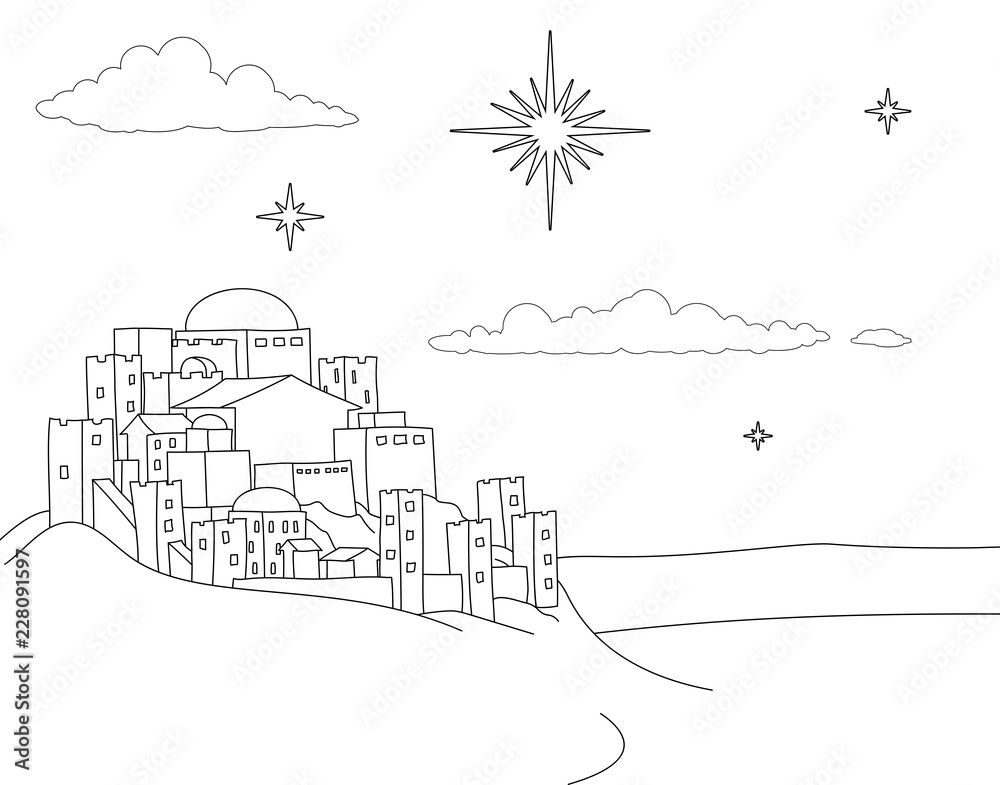 A Christmas nativity coloring scene cartoon, with the City of Bethlehem and the star above. Christian religious illustration.