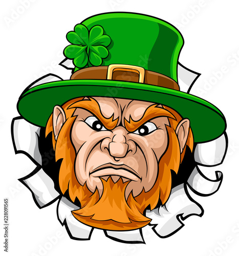 A leprechaun tough mascot cartoon face ripping or tearing through the background 