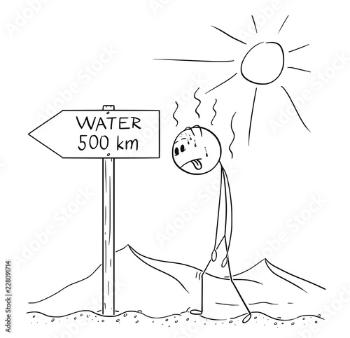 Cartoon stick drawing conceptual illustration of man walking thirsty without water through hot desert and found arrow sign with water 500 km or kilometers text.