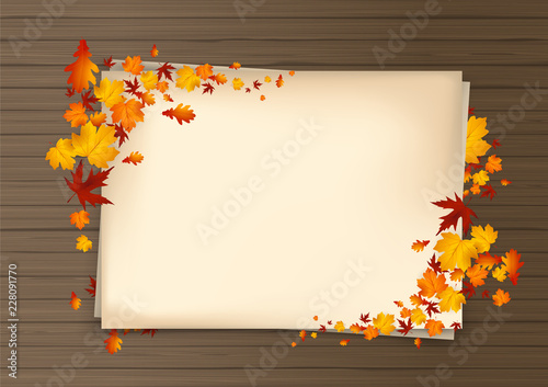 Vector autumn paper background with colorful tree leaves on wooden backdrop, design for fall season banner, poster, thanksgiving greeting card. Space for text,