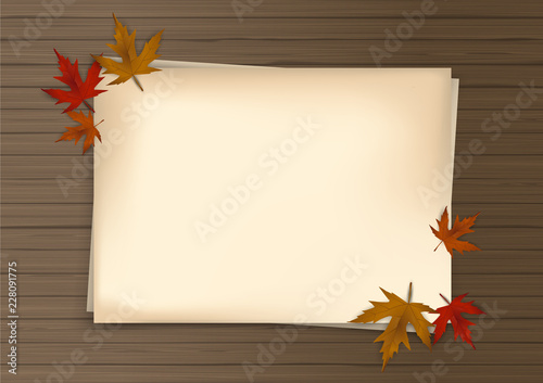 Vector autumn paper background with colorful tree leaves on wooden backdrop, design for fall season banner, poster, thanksgiving greeting card. Space for text,