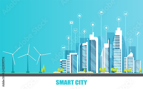 Urban landscape with infographic elements. Smart city. Modern city. Concept website template. Vector illustration.