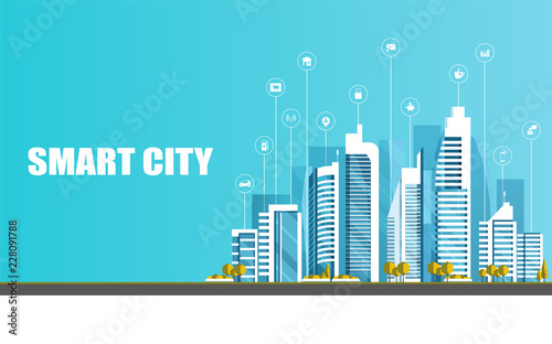 Urban landscape with infographic elements. Smart city. Modern city. Concept website template. Vector illustration.