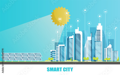 Urban landscape with infographic elements. Smart city. Modern city. Concept website template. Vector illustration.