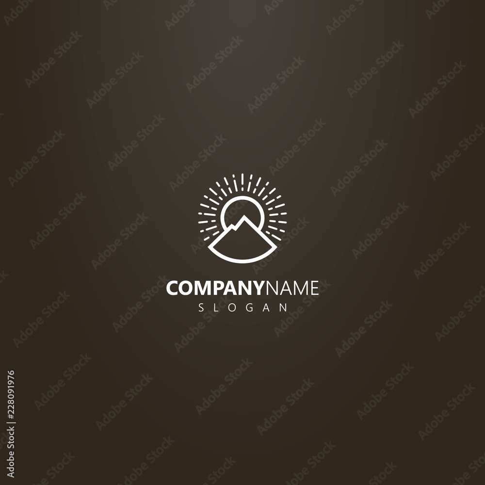 white logo on a black background. simple vector outline round logo of line art mountain landscape and sun rays