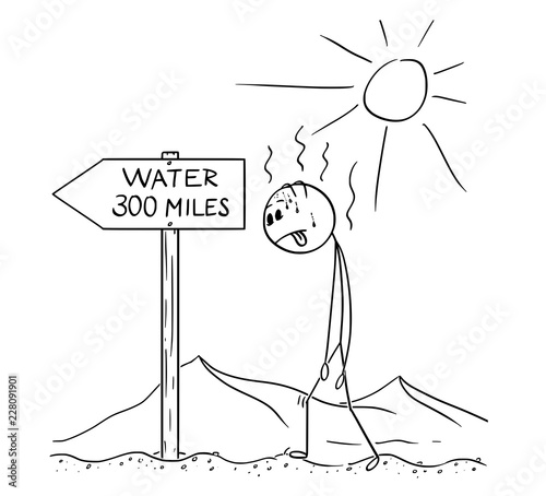 Cartoon stick drawing conceptual illustration of man walking thirsty without water through hot desert and found arrow sign with water 300 miles text.