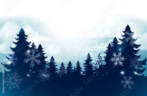 Silhouette Christmas evergreen trees against a winter sky scene with snow falling and snowflakes footer background
