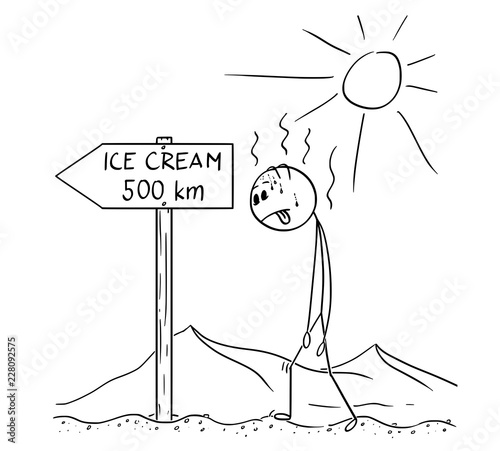 Cartoon stick drawing conceptual illustration of man walking thirsty without water through hot desert and found arrow sign with ice cream 500 km or kilometers text.