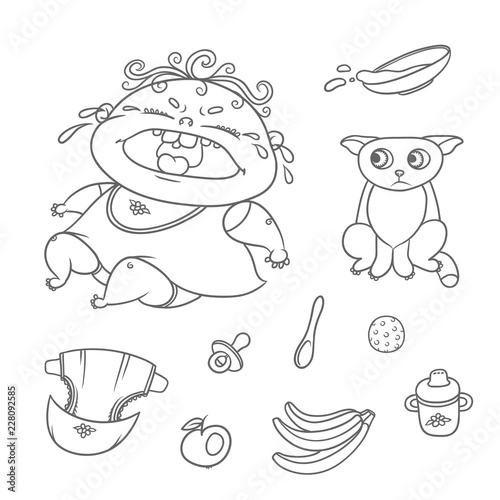 Vector set crying child and scared kitten. Chubby curly kid and cat. Baby bottle with water or milk, other food. Flat black color sketch contour illustration