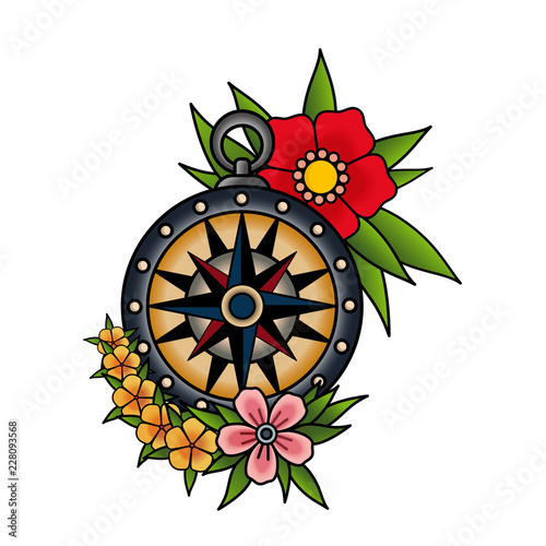 Compass and flowers, old school tattoo style. Red pink and yellow flowers. Isolated on white background. Vector illustration.
