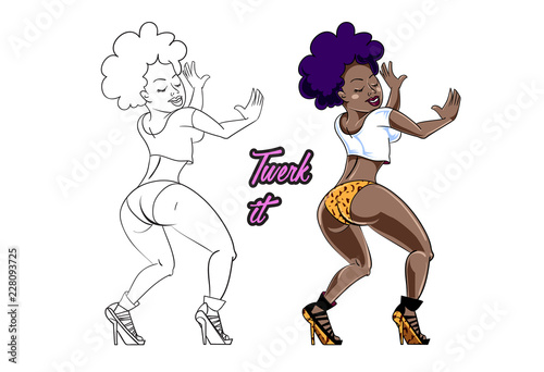 Twerk dance cartoon style girl for print design. Vector illustration.