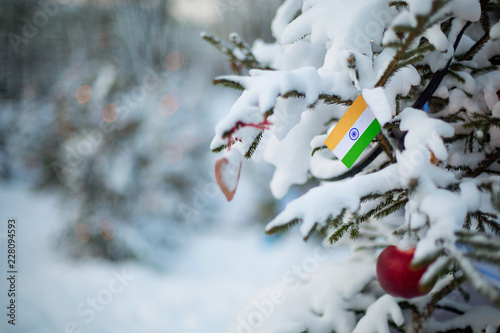 India flag. Christmas background outdoor. Christmas tree covered with snow and decorations and Indian flag.  New Year / Christmas holiday greeting card. © theartofpics