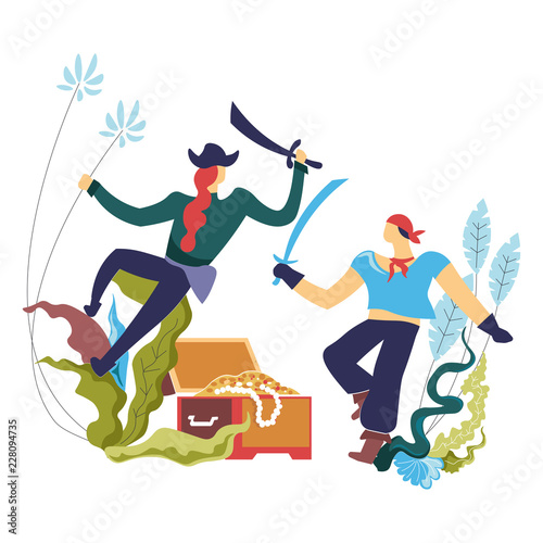 Pirate people, robbers men fighting on sharp swords