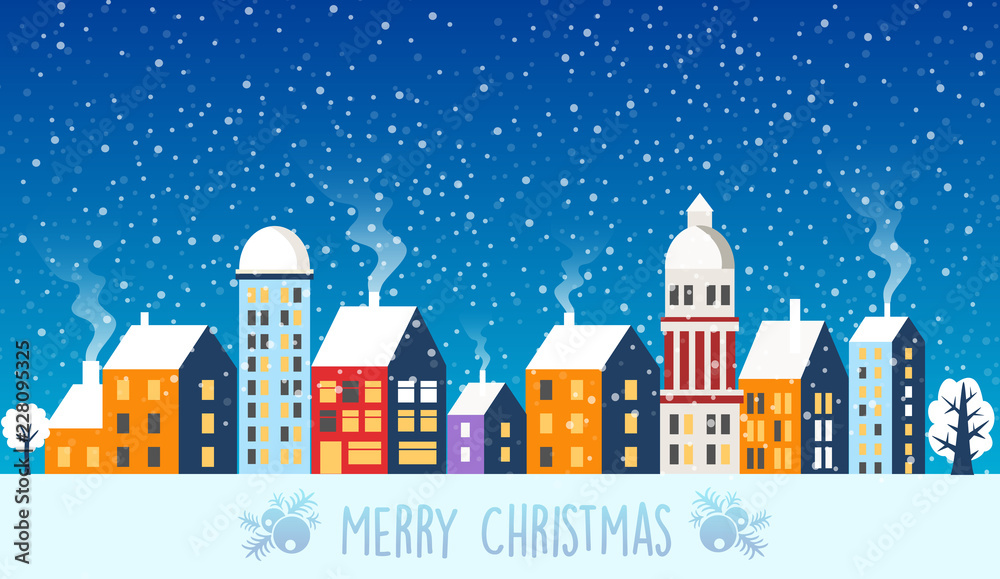 Fototapeta City landscape Christmas with Snow Snowflakes festive celebration template presentation design concept illustration