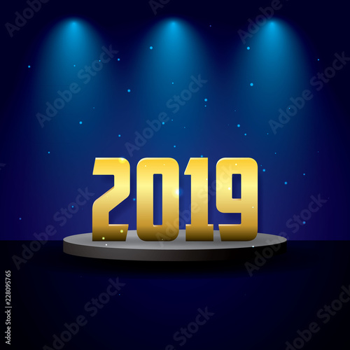 2019 Happy new year golden text with blue lighting photo