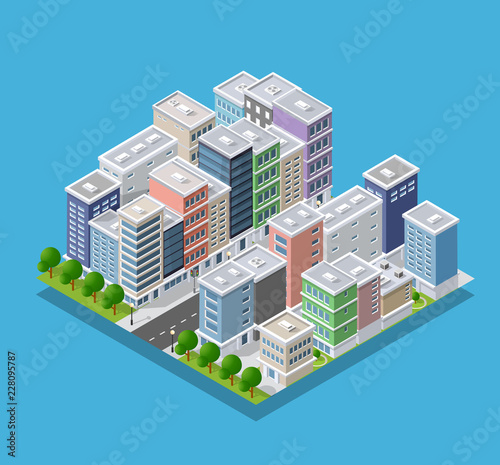 Isometric city block and riverbank embankment with buildings of houses, streets and trees. Vector stock illustration.