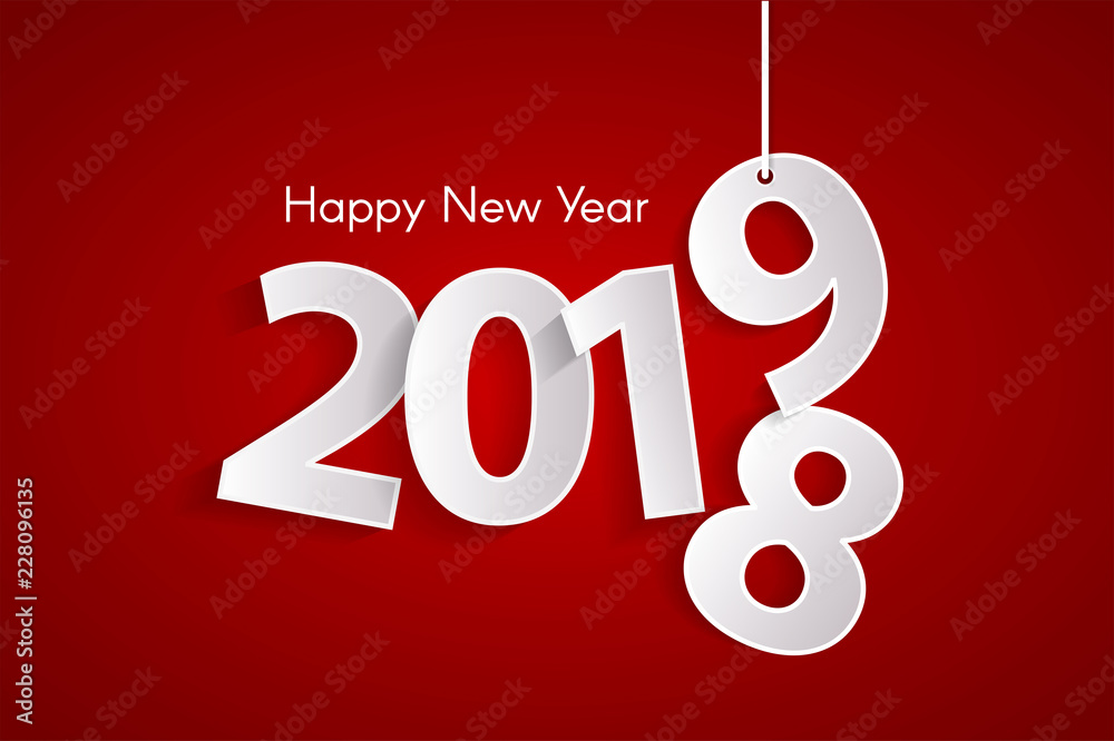 Red Happy New Year 2019 concept with paper cuted white numbers on ropes. Vector illustration Red Happy New Year 2019 concept with paper cuted white numbers on ropes. Vector illustration