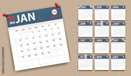 2019 calendar in paper stickers with pins and scotch style. Blue and red. Event planner. All size. Vector illustration