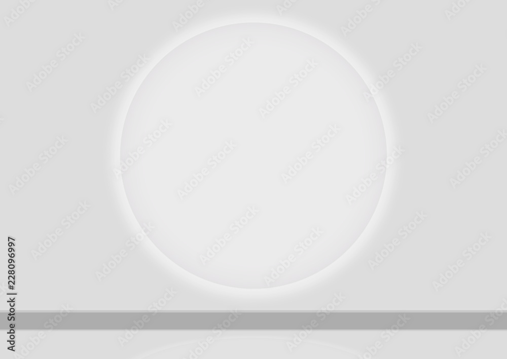 3d rendering. white circular plate with glowing light at back side on gray wall background. 3d rendering. white circular plate with glowing light at back side on gray wall background.