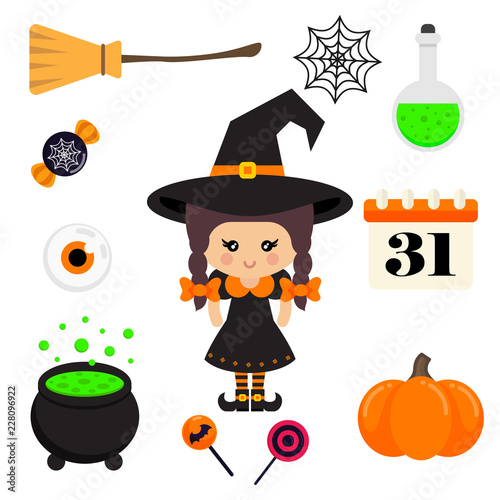 cartoon cute witch vector with braids in hat and halloween element