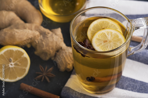 Hot drink with honey, lemon and ginger for cough remedy. Autumn hot drink