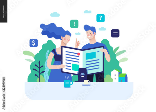 Business series, color 3 - articles - modern flat vector illustration concept of man and woman reading article on the folded computer screen like a magazine. Creative landing page design template