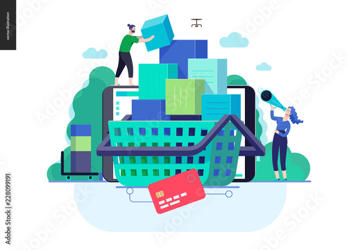 Business series, color 3- cart - modern flat vector illustration concept of online shop - people placing boxes into the cart. Purchase cart and shopping process. Creative landing page design template