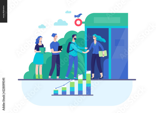 Business series, color 3 - partners -modern flat vector illustration concept of people shaking their hands in the office entrance. Business workflow management. Creative landing page design template