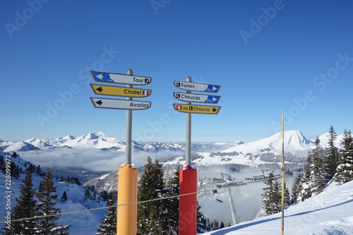 Direction signs for skiers on the slopes above Avoriaz in the French Alps.